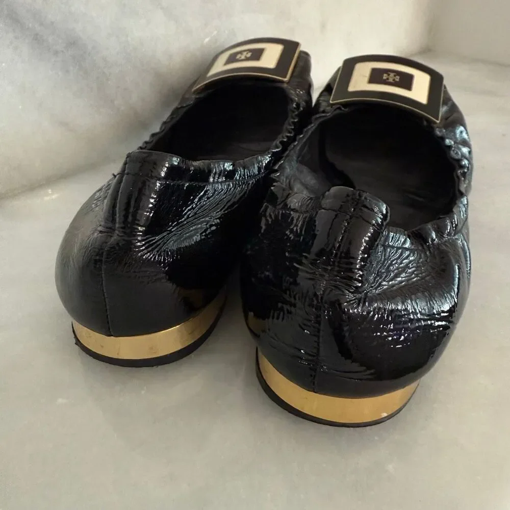Tory Burch Leather Logo Square Peep Toe Slip-on Ballet Flats Black Size 7.5